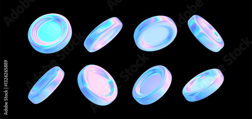 3d hologram coins set icon. Render glass money holographic effect. Pink blue gradient neon crypto coin flying. Business, casino, bank, game iridescent design element. Vector y2k illustration.