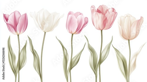Wallpaper Mural Five Pastel Pink and White Tulips on White Background Torontodigital.ca