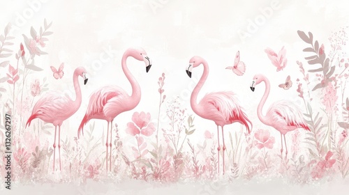 Pastel Pink Flamingos in Delicate Floral Setting