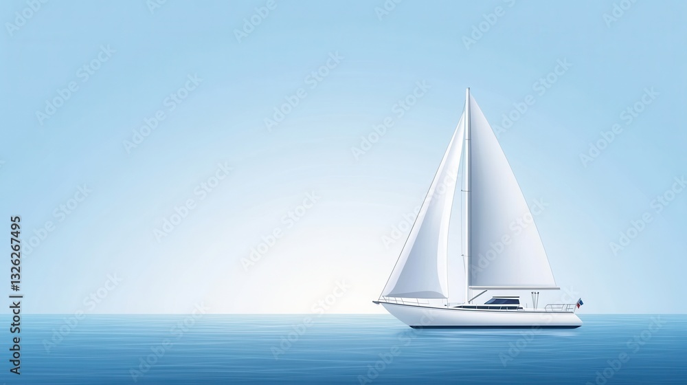 Obraz premium Serene sailboat gliding smoothly over calm waters under clear blue sky with gentle waves in the background