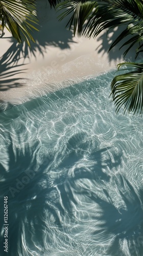 Bright Turquoise Water Gently Reflects Palm Tree Shadows on a Serene Beach Du...