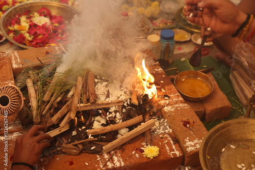 sacred fire agni performance or yagna, religious performance in hinduism 