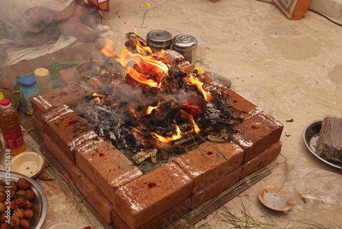sacred fire agni performance or yagna, religious performance in hinduism 