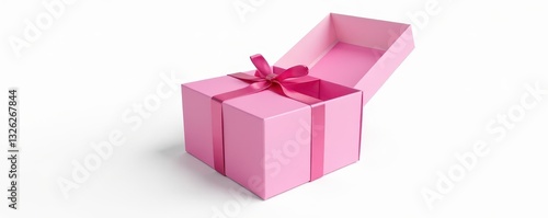 Pink gift box, open lid, satin ribbon bow, isolated white background, pink, empty
