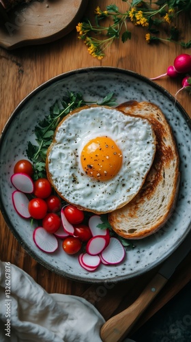 Breakfast Plate With Fried Egg, Tomatoes, and Radishes Arranged Attractively ...