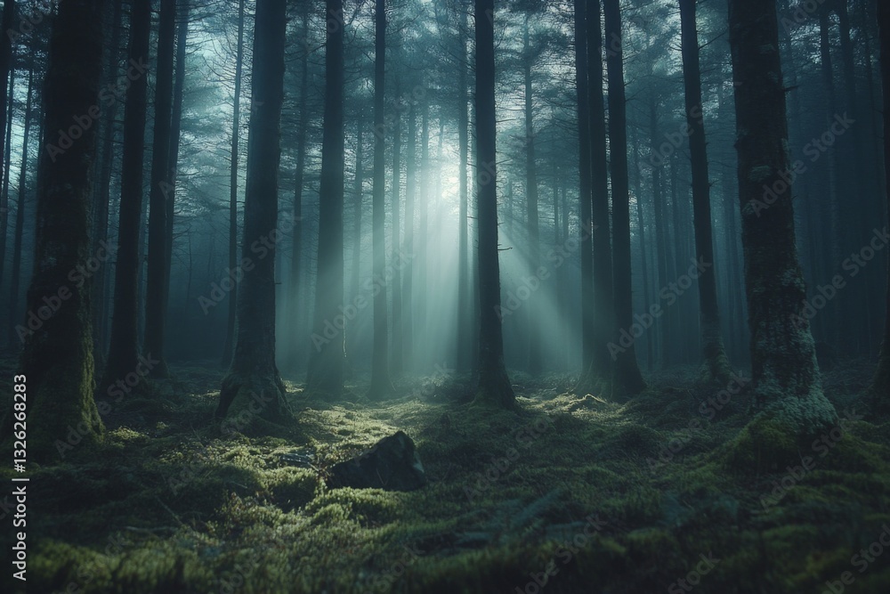 Fototapeta premium Serene forest with sunlight filtering through trees creates a mystical atmosphere in the early morning