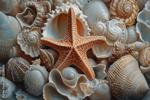 Beautiful Collection of Seashells and Starfish on Sandy Surface in Natural Se...