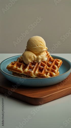 Delicious Waffles Topped With Vanilla Ice Cream in a Decorative Bowl