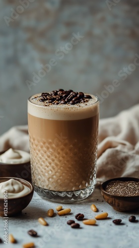 Creamy Coffee Drink Garnished With Roasted Beans on a Textured Background