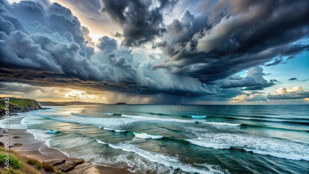 Fototapeta premium Dramatic stormy clouds over a calm sea with waves
