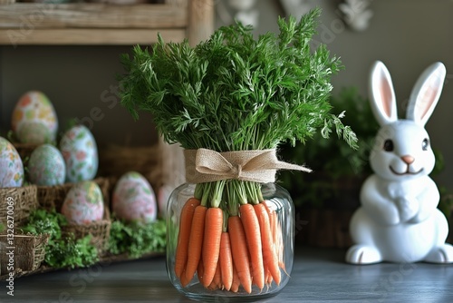 Spring Decoration With Fresh Carrots and a Bunny Figurine on a Table