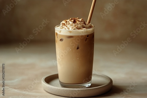 Creamy Iced Coffee Drink Topped With Whipped Cream on a Rustic Table Setting