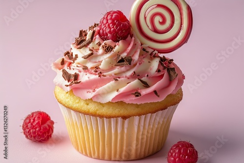 Delicious Pink Cupcake Topped With Swirl Icing and a Candy on a Pastel Backgr...