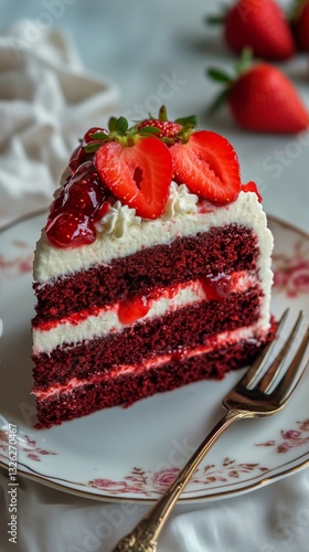 Delicious Red Velvet Cake Slice Topped With Fresh Strawberries and Cream on a...