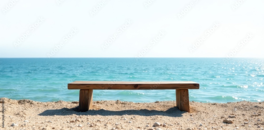 Rustic wooden bench overlooks calm sea White background , horizon, sitting, outdoor Rustic wooden bench overlooks calm sea White background , horizon, sitting, outdoor