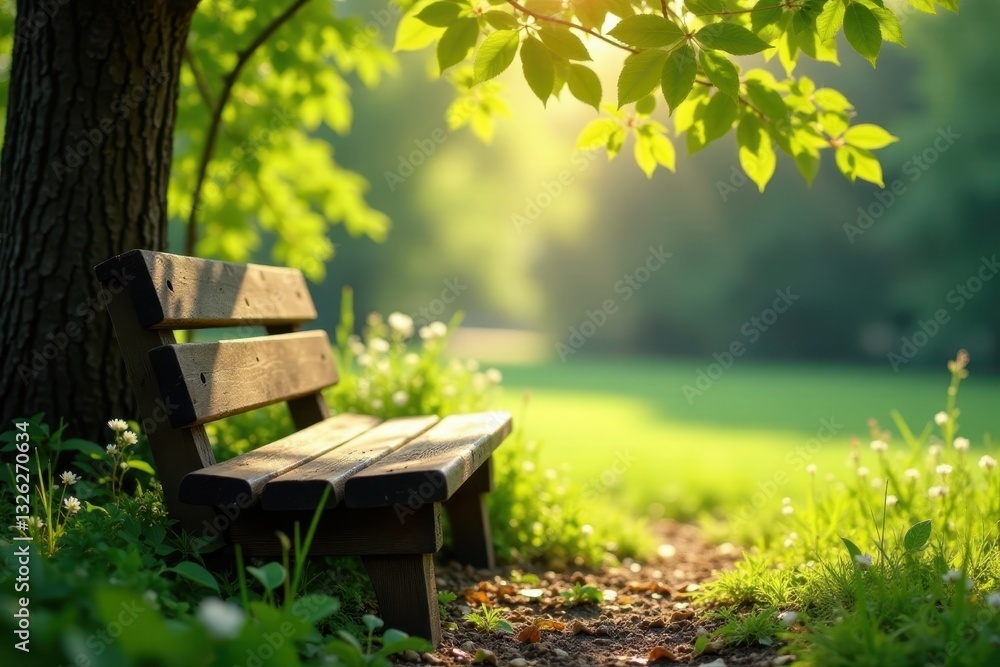 Naklejka premium Rustic wooden bench beneath dappled sunlight, spring leaves , springtime, spring