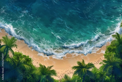 Waves Gently Lapping at a Golden Beach Surrounded by Palm Trees and Lush Gree...