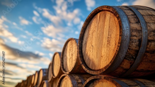 Rustic whisky barrels stacked under dramatic sky for beverage and distillery designs