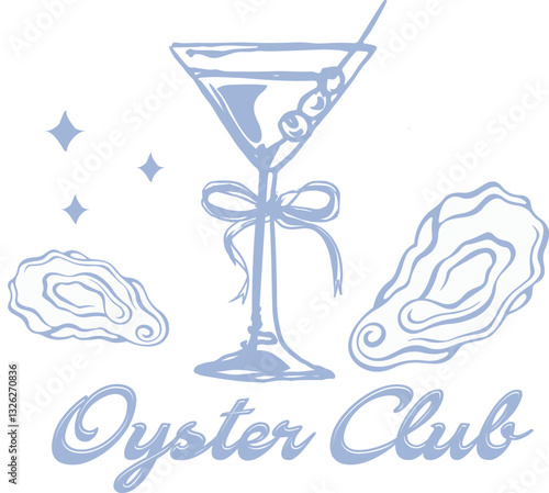 Oyster martini bow doodle club girly pastel euro cute girls love oysters shell sketch Trending Graphic Tee t-shirt logo slogan artwork typography tote badge emblem crest
