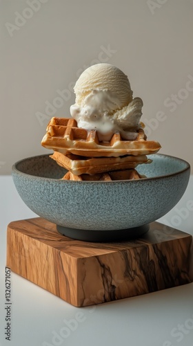 Delicious Waffles Topped With Vanilla Ice Cream in a Decorative Bowl