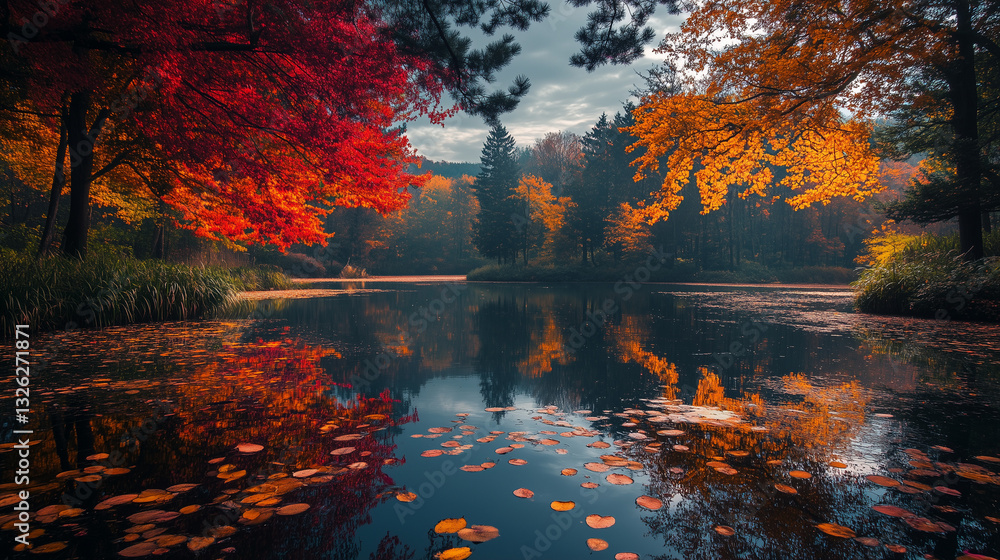 Naklejka premium autumn landscape with lake