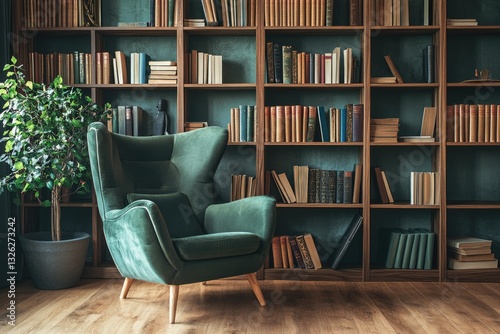 Cozy Reading Nook: Stylish Bookcase and Armchair in Chic Modern Living Space
