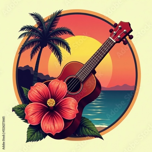 Retro hibiscus flower & ukulele badge, tropical sunset backdrop, badge, retro illustration, sunset