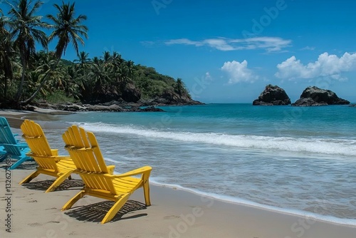 Relaxing beach setting with colorful chairs overlooking the tranquil ocean and lush tropical landscape