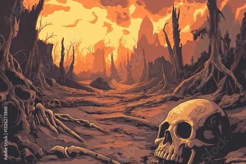 A desolate landscape with a skull and skeletal remains