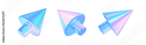 3d hologram arrow cursor set icon. Render pointer arrow neon gradient. Navigation pointer crystal texture. Glass holographic mouse cursor. Vector illustration tech design