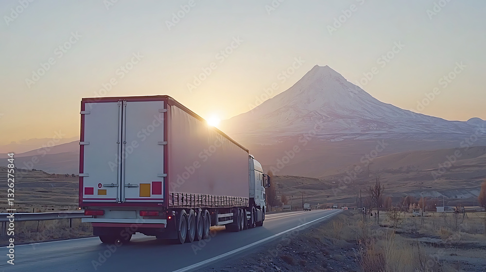 Obraz premium A semi-truck drives toward the sunrise with a snow-capped mountain peak looming in the background.