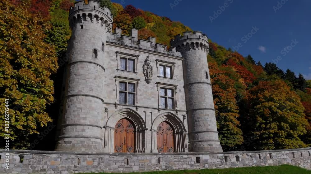 Historic castle surrounded by vibrant autumn foliage in a scenic landscape Historic castle surrounded by vibrant autumn foliage in a scenic landscape