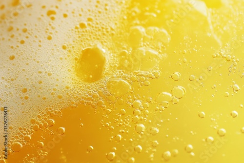 Close-up of beer with bubbles on yellow background. AI generated