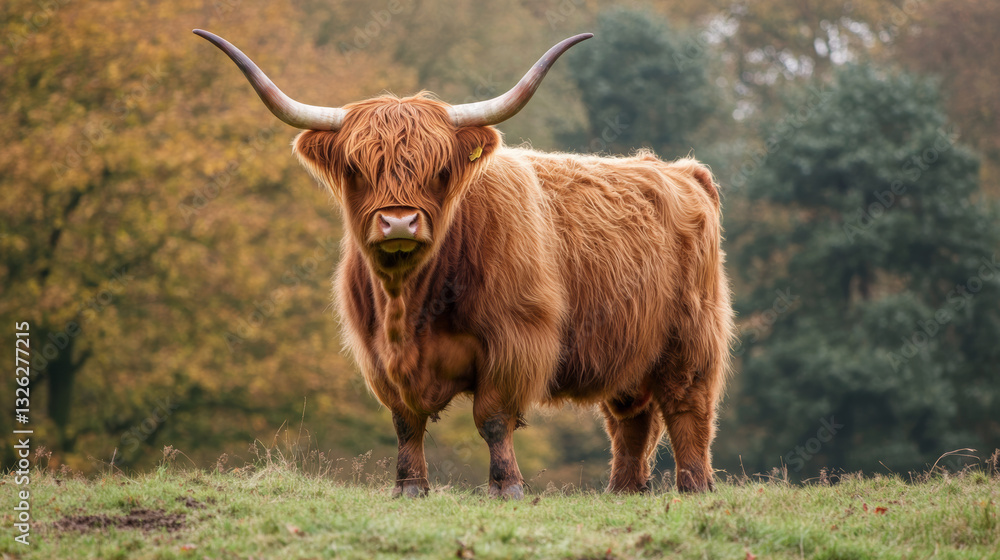 Majestic Highland cow standing in a scenic meadow with long shaggy coat and large curved horns, surrounded by lush greenery and forest in the background Majestic Highland cow standing in a scenic meadow with long shaggy coat and large curved horns, surrounded by lush greenery and forest in the background