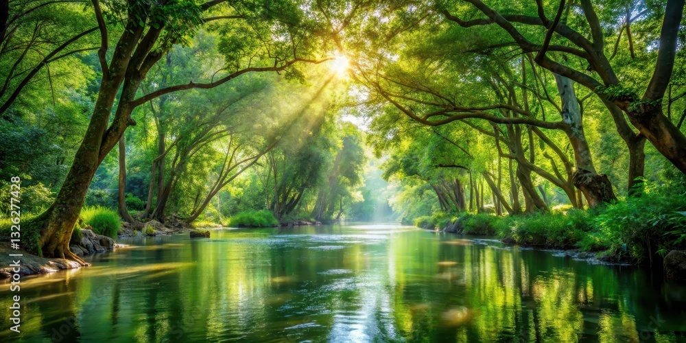 Dense foliage and towering trees surround a serene river, with sunlight filtering through the leaves in dappled patterns , river, lush forest landscape Dense foliage and towering trees surround a serene river, with sunlight filtering through the leaves in dappled patterns , river, lush forest landscape
