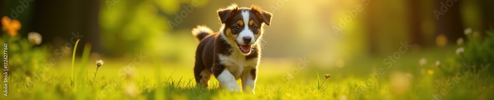 Playful tri-coloured Aussie pup in dappled sunlight, woodland setting, small, pet Playful tri-coloured Aussie pup in dappled sunlight, woodland setting, small, pet