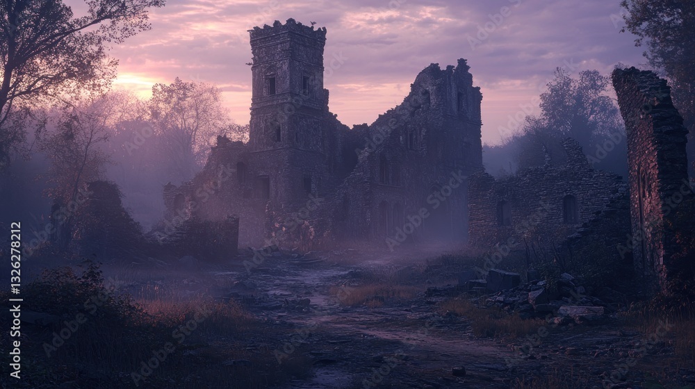 Fototapeta premium Eerie Sunset Over Ancient Ruins A Hauntingly Beautiful Landscape for Fantasy and Adventure The