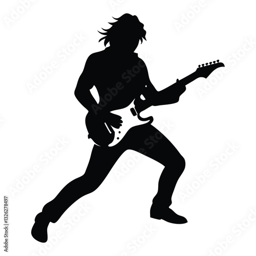 Silhouette of an Electric Guitarist in Action, Dynamic Black Vector Illustration of a Musician Playing Guitar on a White Background