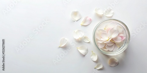 Elegant Petal Decor Flat Lay: Glass & Reflection, White Background, Copy Space