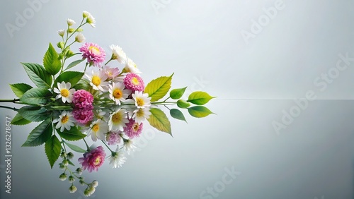 Elegant Leaf Flowers Flat Lay with Glass Reflection - Copy Space