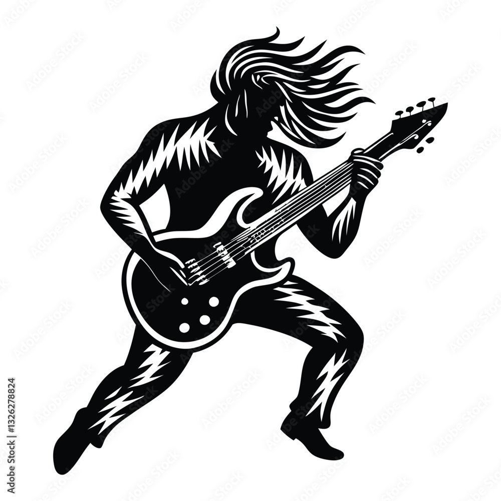 Fototapeta premium Silhouette of an Electric Guitarist in Action, Dynamic Black Vector Illustration of a Musician Playing Guitar on a White Background