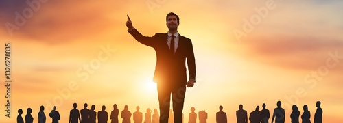 The Guiding Vision: A poised leader stands before a group, his silhouette dramatically defined against a radiant sunset. He confidently points the way forward.