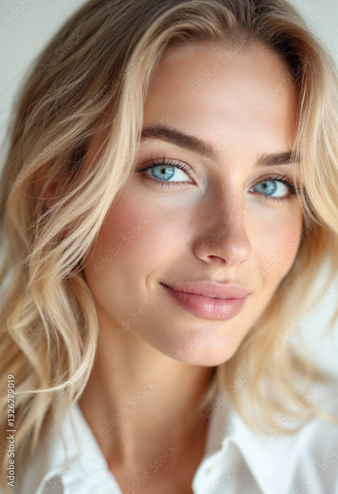 A confident blonde woman with blue eyes and radiant skin, smiling in a white blouse.
A confident blonde woman with blue eyes and radiant skin, smiling in a white blouse.