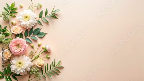 Flat Lay Feminine Nature Spread with Copy Space - Soft Floral Arrangement on Solid Background