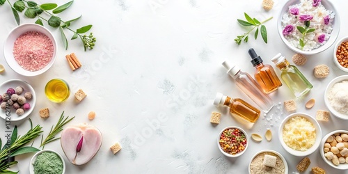 Wallpaper Mural Flat Lay Feminine Wellness Products:  Healthy Lifestyle, Soft White Background, Copy Space Torontodigital.ca