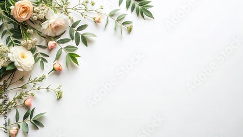 Flat Lay Floral Branches, Natural Organic Decor, White Background, Copy Space