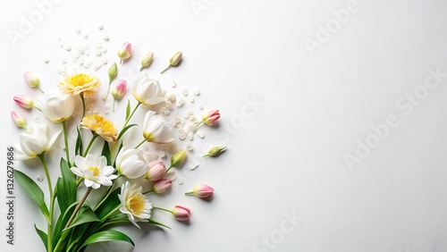 Fresh Floral Flat Lay: Minimalist White Background with Splash Effect
