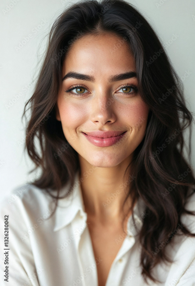 A confident dark-haired woman with radiant skin in a crisp white blouse, smiling.
A confident dark-haired woman with radiant skin in a crisp white blouse, smiling.
