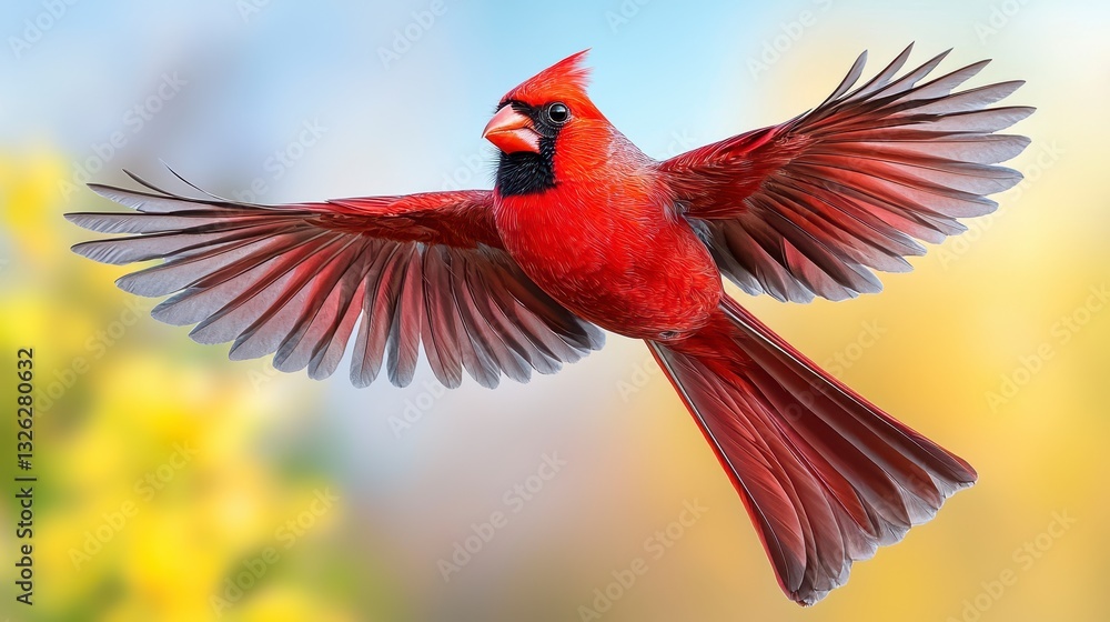 Fototapeta premium Majestic red bird in flight soaring through the clear blue sky with outstretched wings displaying vibrant feathers