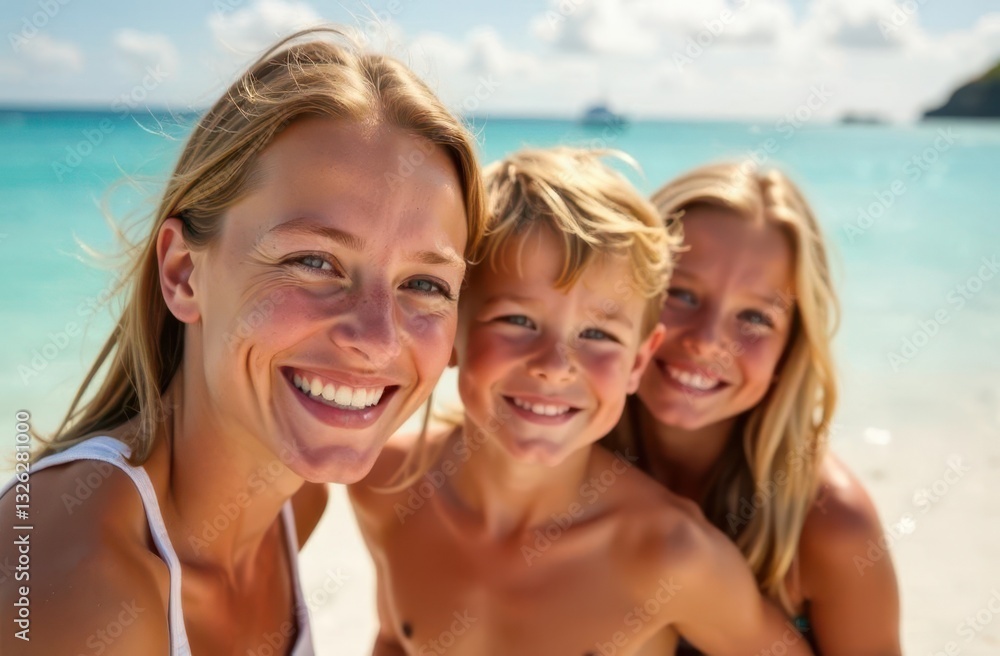 Family enjoying a beach vacation with smiles and sunshine in tropical paradise Family enjoying a beach vacation with smiles and sunshine in tropical paradise